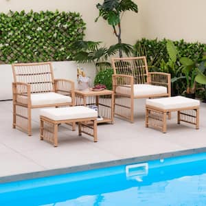 5-Piece Wicker Patio Conversation Sectional Seating Set with Off White Cushions