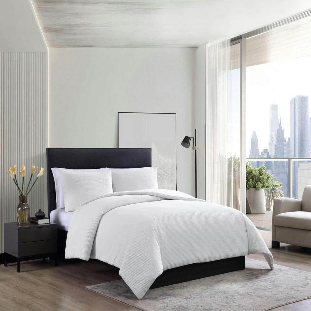 VERA WANG Waffle Pique 3-Piece White Solid Cotton King Comforter Set - 1
