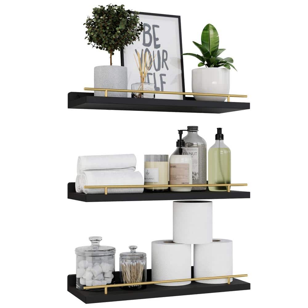15.7 in. W x 6 in. D Black Modern Decorative Wall Shelf Set with Metal Guar