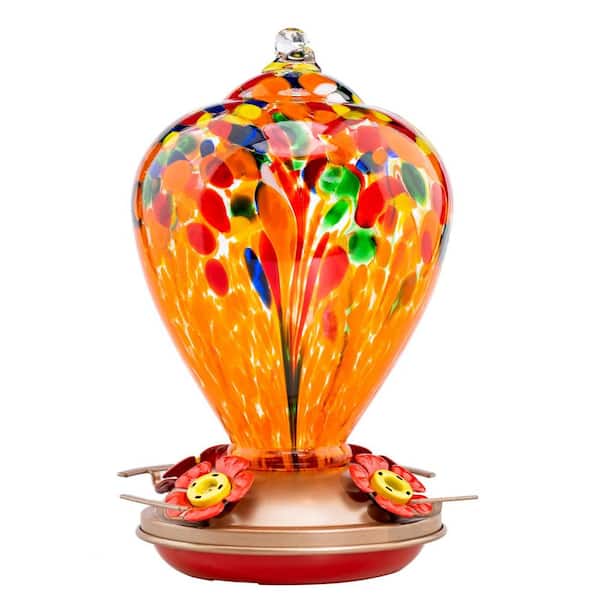 Unbranded Handmade Orange Fireworks Glass Hanging Humming Bird Nectar Feeder-34 oz. with Ant Moat (1-Pack)