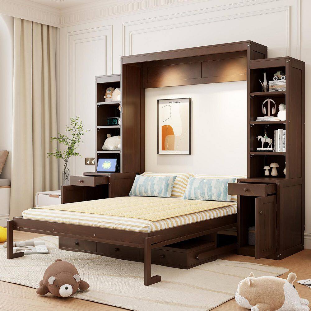 Dark Brown Wood Frame Queen Murphy Bed with Lights, Built-In Desk and Storage, Multifunctional Space-Saving Wall Bed price history on PriceWatchPro