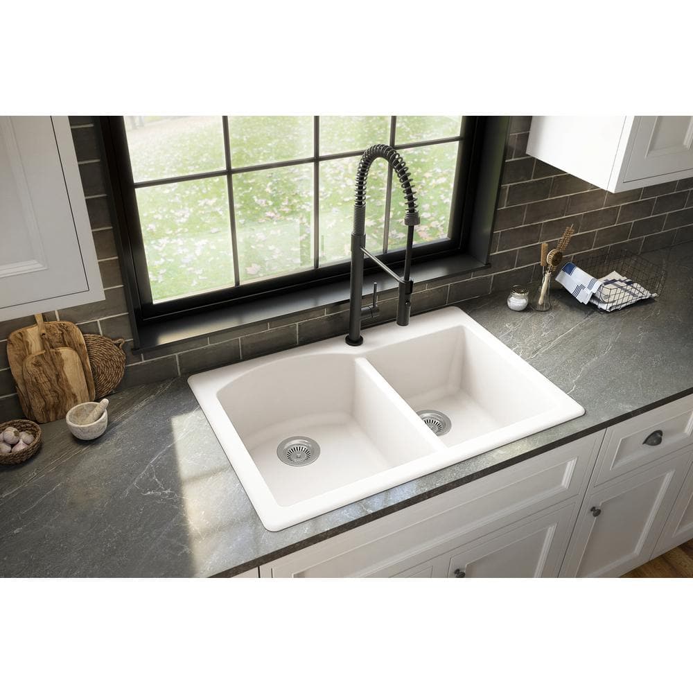 White Quartz Composite Double Bowl Kitchen Sink, 33" x 22"