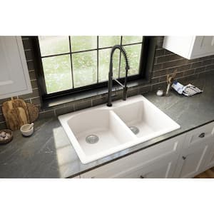 QT-610 Quartz/Granite 33 in. Double Bowl 60/40 Top Mount Drop-In Kitchen Sink in White with Bottom Grid and Strainer