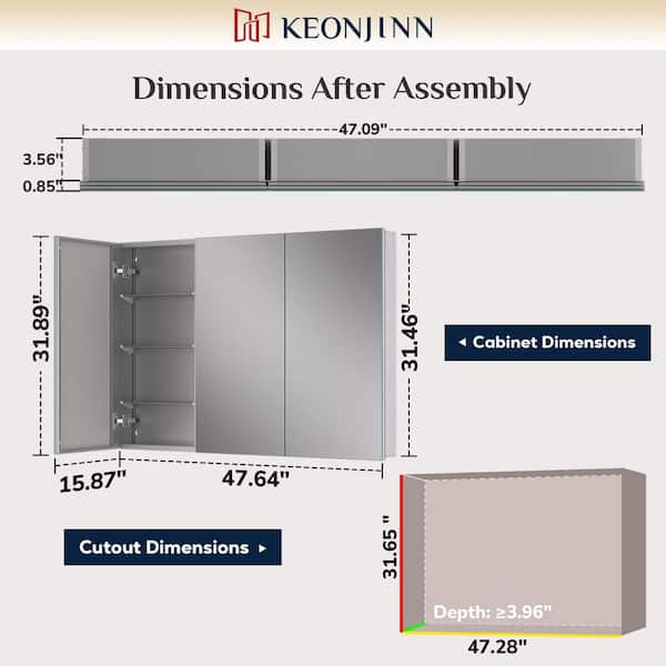KeonJinn 48 in. W x 32 in. H Rectangular Frameless Aluminum Silver