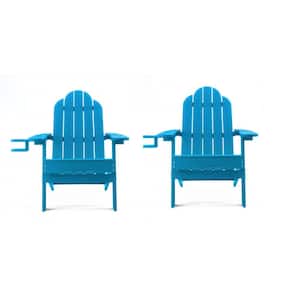 Miranda Blue Foldable Recycled Plastic Outdoor Patio Adirondack Chair with Cup Holder for Backyard/Firepit/Pool(Set of2)