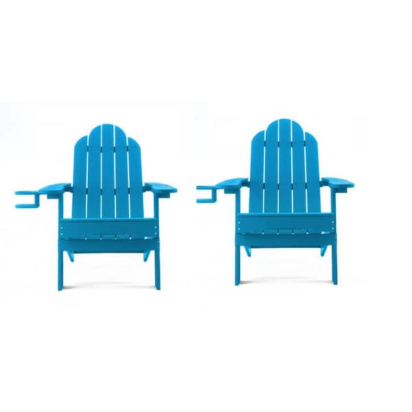 LUE BONA Miranda Blue Foldable Recycled Plastic Outdoor Patio Adirondack Chair with Cup Holder for Backyard/Firepit/Pool(Set of2)