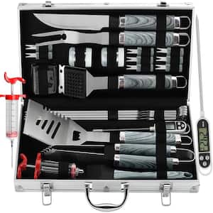 24-Piece BBQ Grill Tools Set w/ Meat Thermometer and Injector, Extra Thick Stainless Steel Fork, Spatula and Tongs, Gray