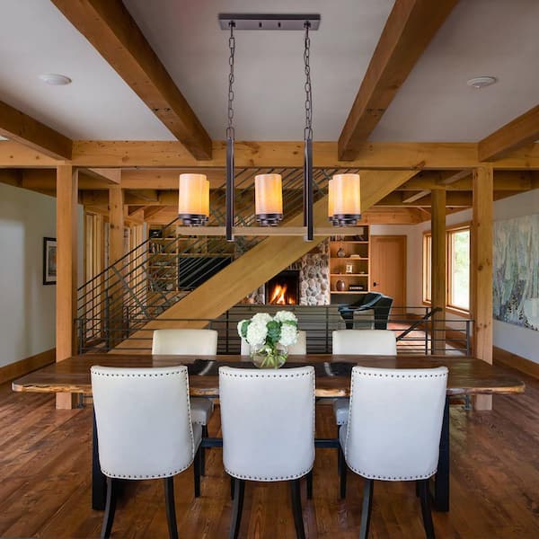 25 in. 6-Light Rustic Industrial Linear Coffee Brown Metal Pendant Light Chandelier with Marble Shades