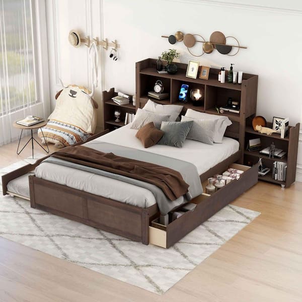 Espresso/Brown Wood Frame Full Size Platform Bed with Pull Out Shelves, Twin Size Trundle and (2-Drawers)