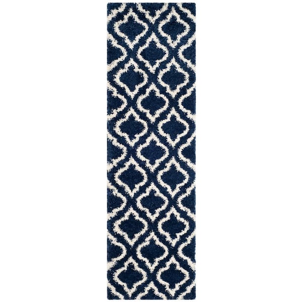 Hudson Shag 2 ft. x 10 ft. Navy/Ivory Geometric Multi-Trellis Runner Rug