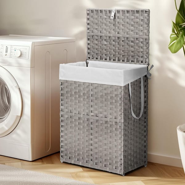 Gray 18 in. x 23.6 in. Wicker Foldable Clothes Laundry Basket, Decorative Basket Laundry Hamper with Lid,Removable Liner