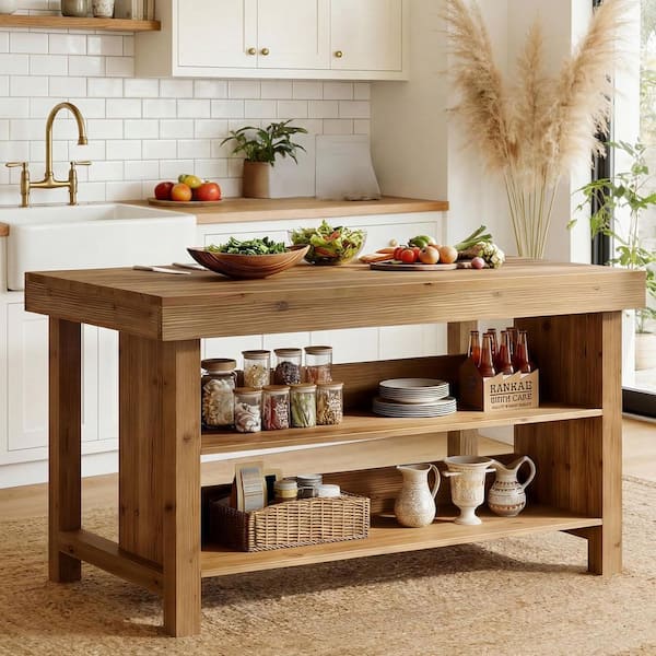 BYBLIGHT Keenyah Brown Wood 55 in. Kitchen Island with 3-Tier Open ...