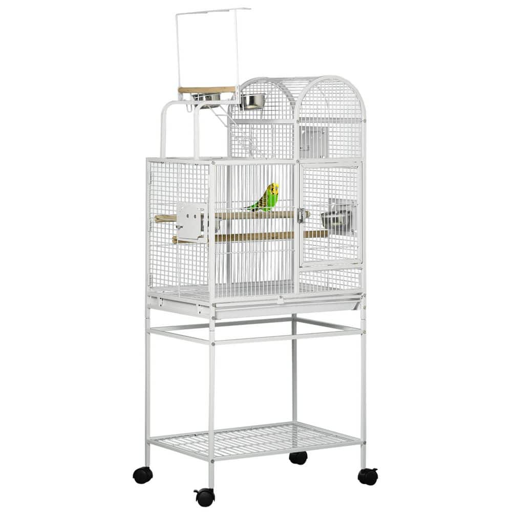 White Steel Large Parrot Cage with Stand-Includes Toy Hooks, Rolling ...