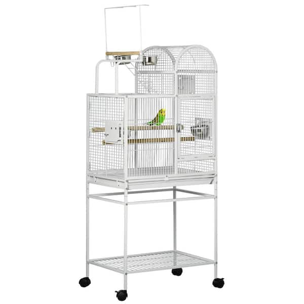 White Steel Large Parrot Cage with Stand-Includes Toy Hooks, Rolling Wheels, Stainless Steel Bowls and Storage Shelf