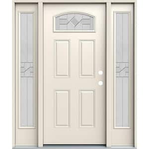 36 in. x 80 in. Left-Hand/Inswing Camber Top Caldwell Decorative Glass Primed Steel Prehung Front Door with Sidelites