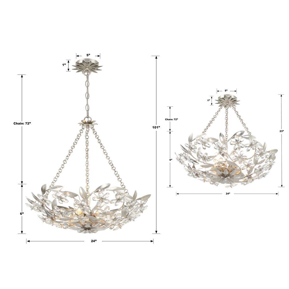 Antique Silver Crystal 6-Light Floral Chandelier