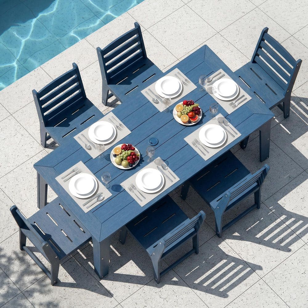 Blue 7-Piece HDPE Plastic Outdoor Dining Set 6 Armchairs And Dining Table With Umbrella Hole price history on PriceWatchPro