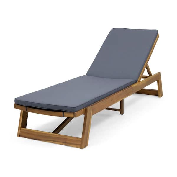 Maki Teak Brown 1-Piece Wood Outdoor Patio Chaise Lounge with Dark Grey Cushions