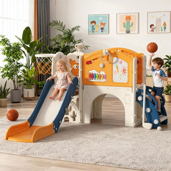13-in-1 Toddler Slide Playset-Indoor/Outdoor Slide with Basketball Hoop, Golf Game & Drawing Board for Kids 1-3