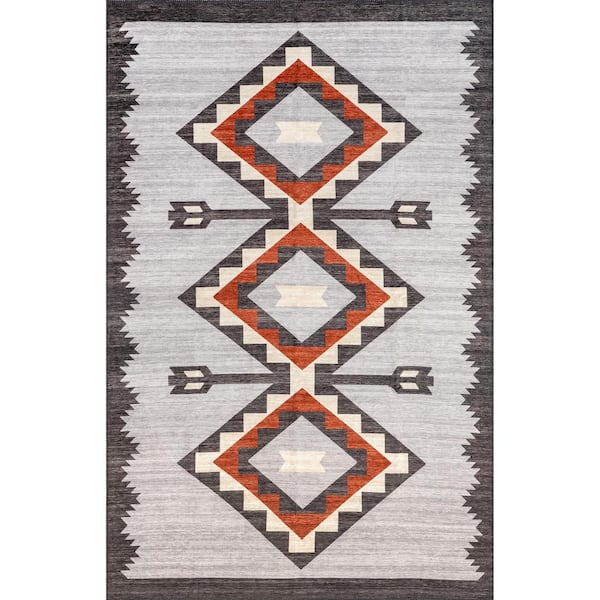 nuLOOM Adilynn Aztec Machine Washable Gray 5 ft. x 8 ft. Area Rug