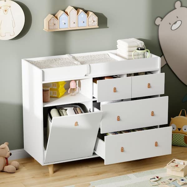 45 in. White Diaper Changing Table with 4 Drawers, 1 Tilt-Out Cabinet, Divided Top Tray