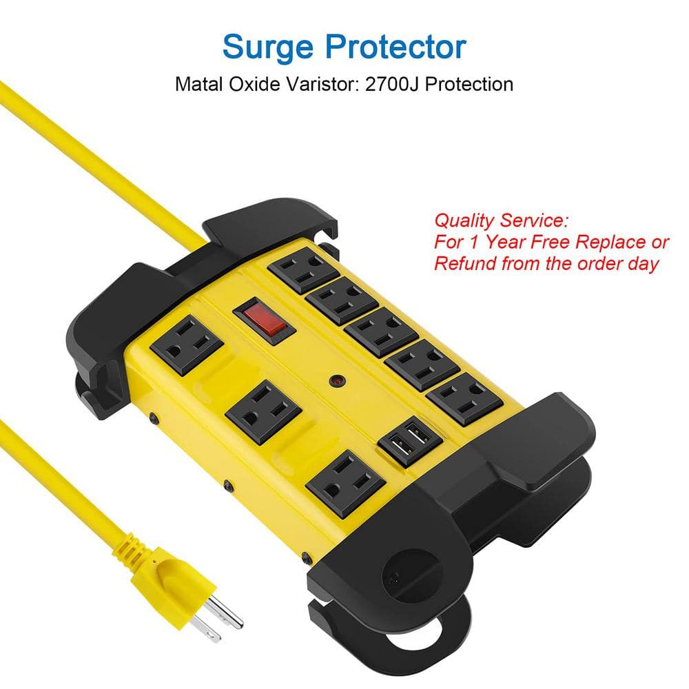 Yellow Heavy Duty Industrial Metal Power Strip with USB and 6 ft Cord