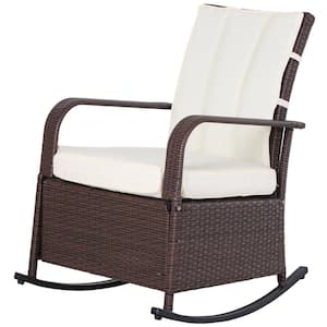 Brown Metal Plastic Wicker Outdoor Rocking Chair with Cream White Cushion