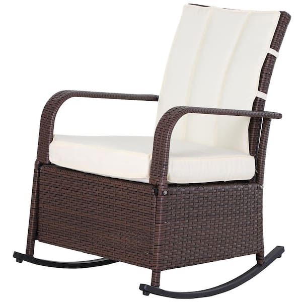 Outsunny Brown Metal Plastic Wicker Outdoor Rocking Chair with Cream White Cushion