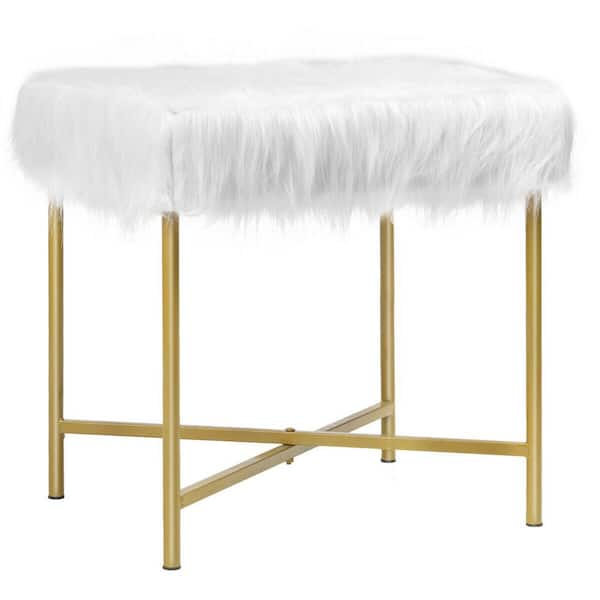 FORCLOVER White Faux Fur Ottoman Footrest Stool with Metal Legs