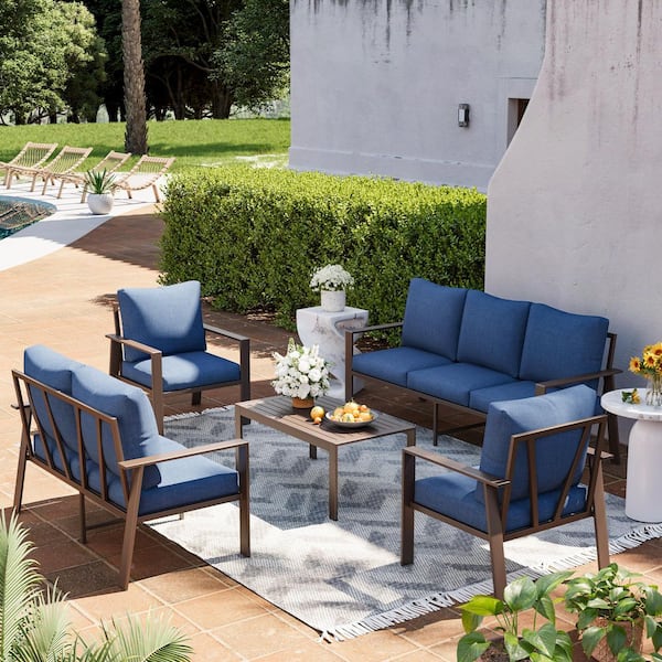 5-Piece Aluminum Patio Conversation Set With Navy Cushion