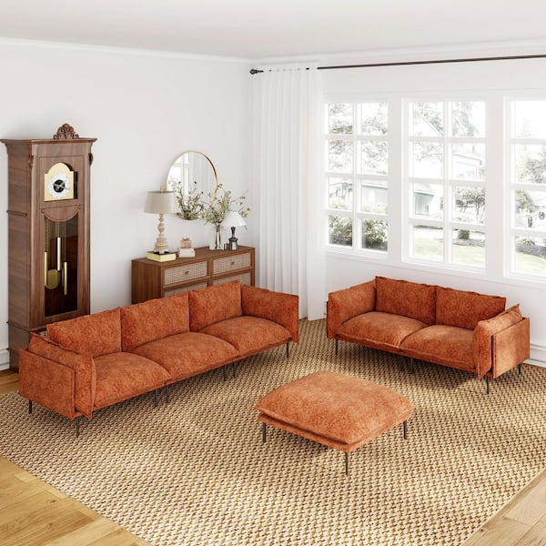 5-Piece Orange Cloud Velvet Living Room Set with Ottoman, Comfort Deep Seat and Metal High Legs for Robot Vacuum