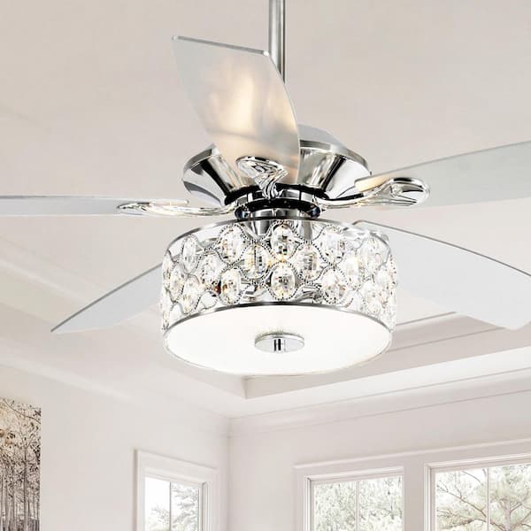 Huber 52 in. Indoor Chrome Downrod Mount Crystal Ceiling Fan with Light Kit and Remote Control