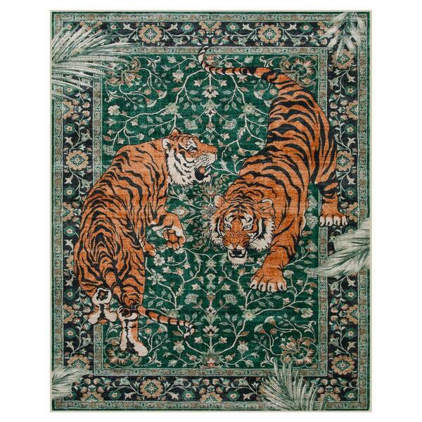 8 ft. x 10 ft. Green Goldene Vintage Tiger Washable Non Slip Soft Area Rug