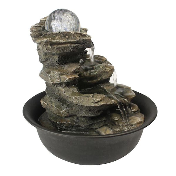 Cisvio 8.3 in. H Rock Cascading Tabletop Water Fountain Tiered with LED Lights and Crystal Ball for Home Office Bedroom