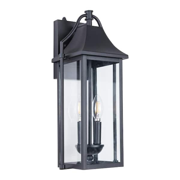 Hawaii 18 in. H 2-Bulb Black Hardwired Outdoor Wall Lantern Sconce with Dusk to Dawn