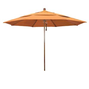 11 ft. Woodgrain Aluminum Commercial Market Patio Umbrella Fiberglass Ribs and Pulley Lift in Tangerine Sunbrella