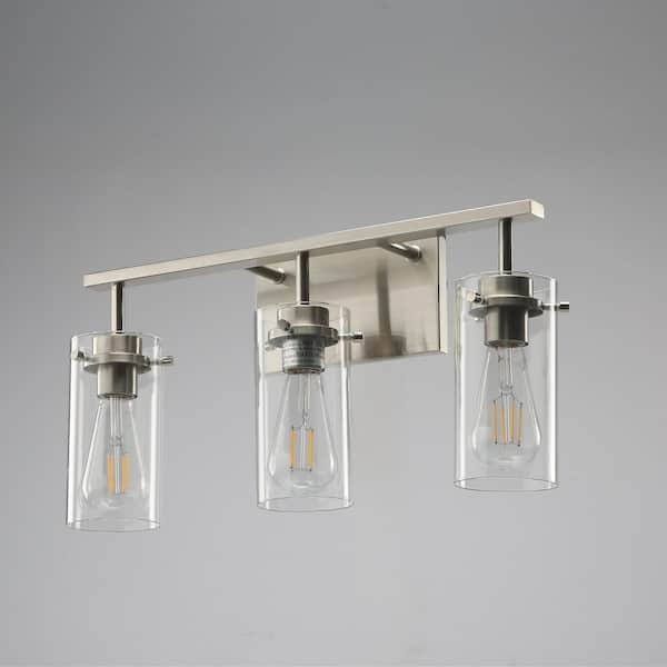 20.1 in. 3-Light Brushed Nickel Bathroom Vanity Light with Clear Glass Shade, No Bulbs Included