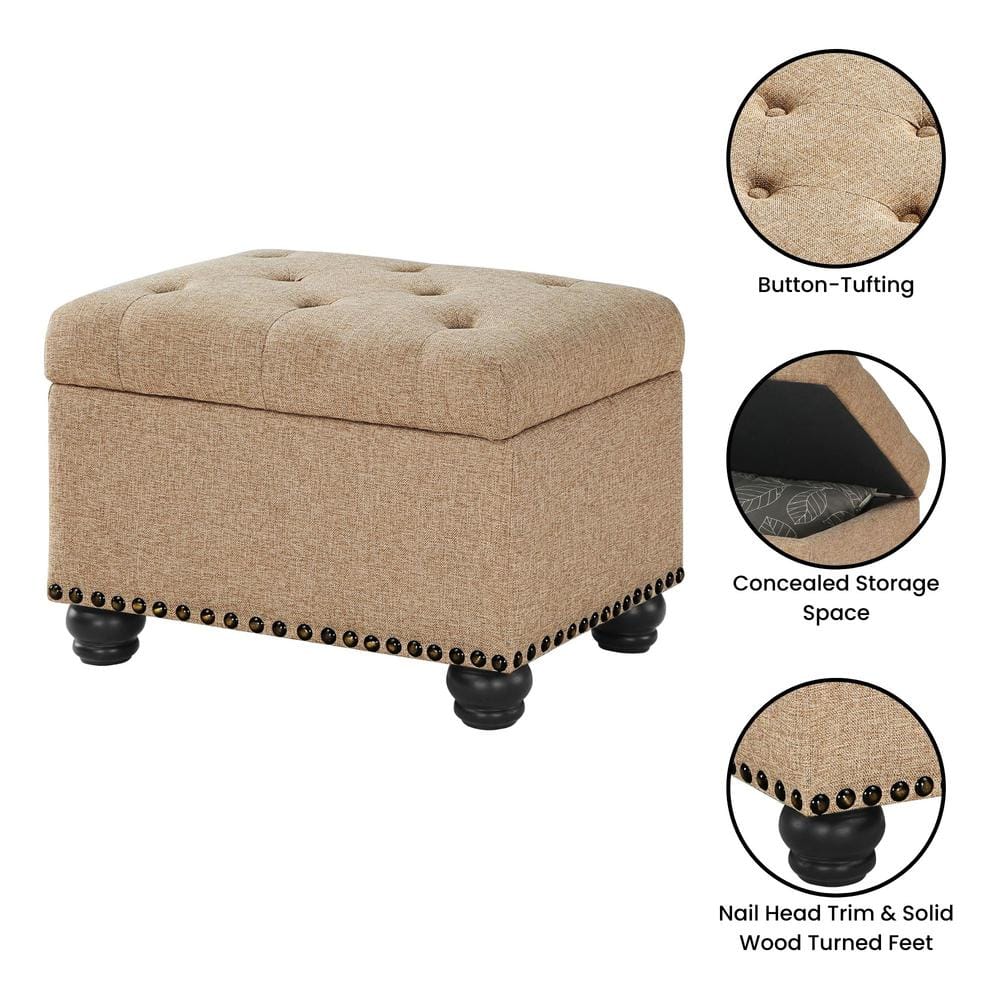 Tan Tufted Storage Ottoman with Nailhead Trim