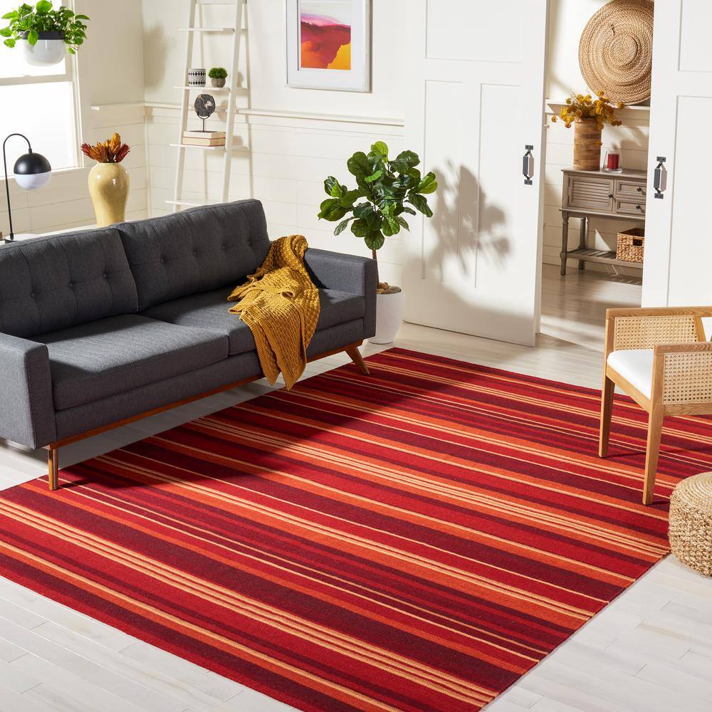 Handmade Red Wool Striped 8' x 10' Reversible Area Rug
