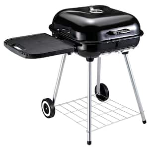 37.5 in. Steel Square Portable Outdoor Backyard Charcoal Barbecue Grill in Black with Lower Shelf and Tray Storage