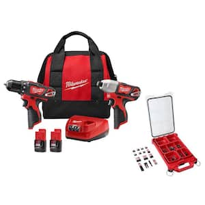 M12 12V Li-Ion Cordless Drill Driver/Impact Driver Combo Kit w Two 1.5Ah Batteries, Charger and Bag (2-Tool) & Bit Set