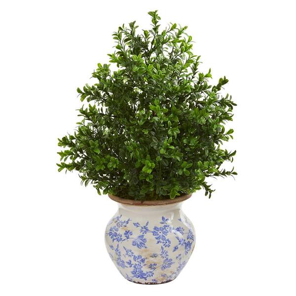 Nearly Natural Indoor 21 in. Boxwood Artificial Plant in Decorative Vase Indoor/Outdoor