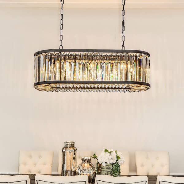 31.5 in.8-Lights Modern Glam Matte Black Linear Pendant Chandelier with Clear Crystal Shade for Dining Room
