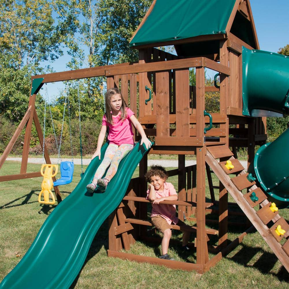 Denali Tower Wooden Playset with Green Slides and Swings
