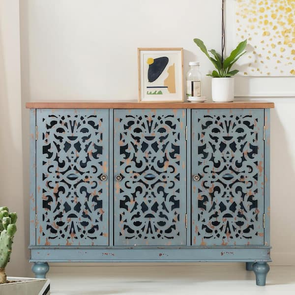 PHI VILLA Bluish Grey Hollow-Carved Cabinet with 3-Door