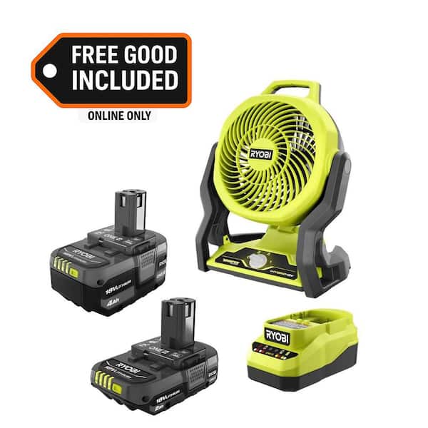 ONE+ 18V Lithium-Ion 4.0 Ah Battery, 2.0 Ah Battery, and Charger Kit with ONE+ Hybrid WHISPER SERIES 7-1/2 in. Fan