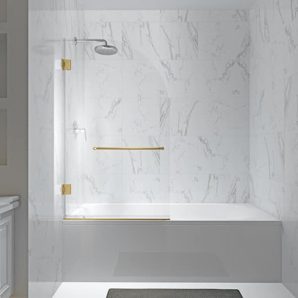 34 in. W x 58 in. H Hinged Frameless Tub Door in Brushed Gold Finish with 1/4 in. (6 mm) Clear Water Repellent Glass