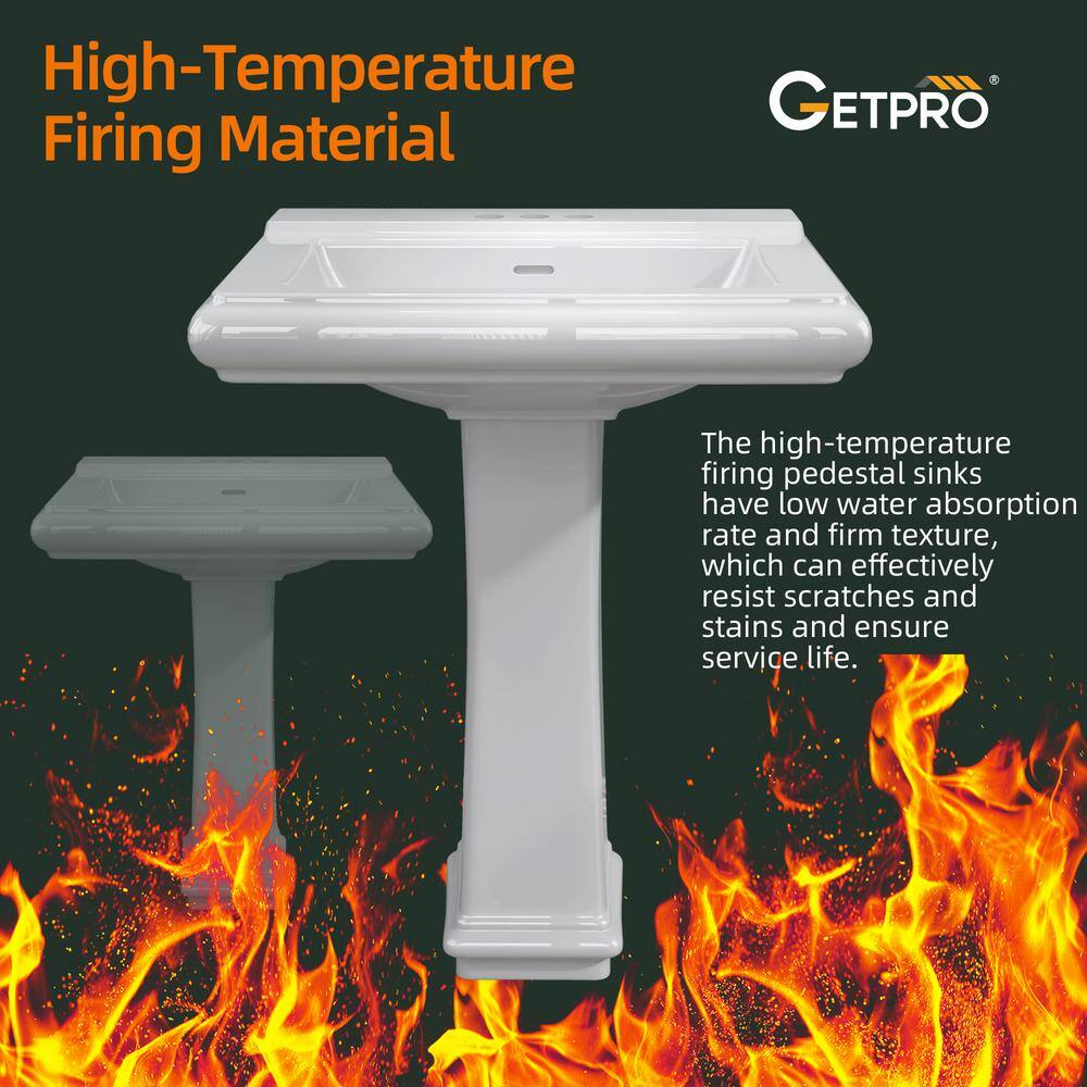 White Rectangular Ceramic Pedestal Sink with Overflow