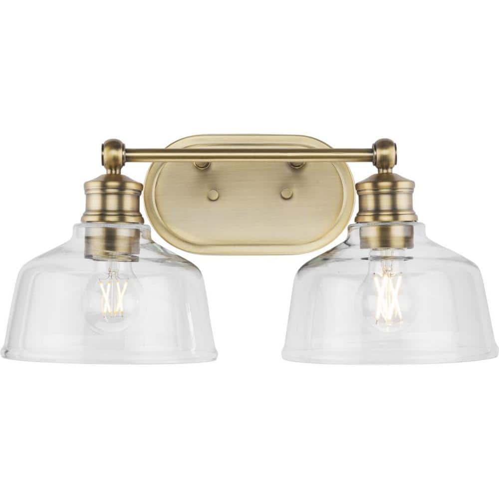 Vintage Brass Industrial 2-Light Vanity Fixture with Clear Glass Shades