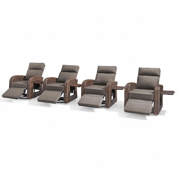 4-Piece PE Rattan Wicker Swivel Outdoor Recliner Lounge Chair Adjustable Backrest with Gray Cushions